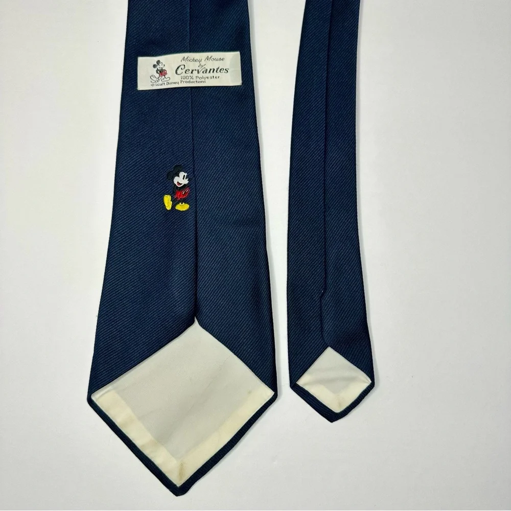 Vintage WALT DISNEY PRODUCTIONS Embroidered Mickey Mouse Blue Wide Tie, 4.25”